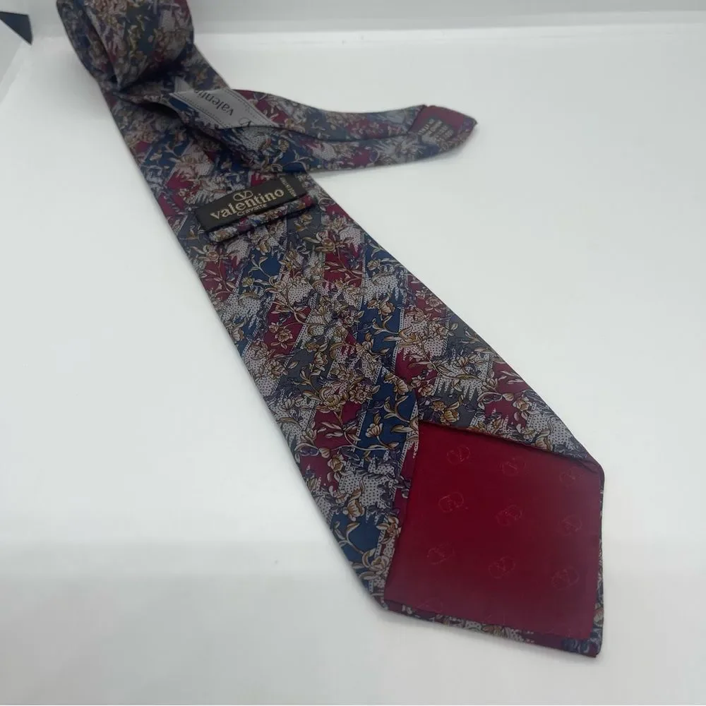 Valentino Burgundy Navy Gold Italian Silk Luxury Necktie